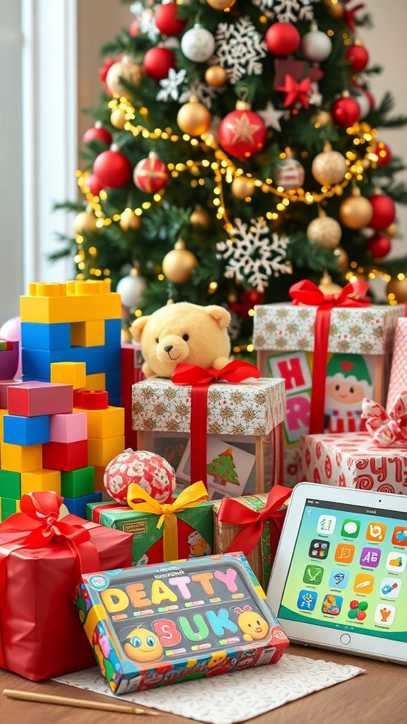A variety of Christmas gifts for young kids displayed under a Christmas tree, including toys and art supplies.